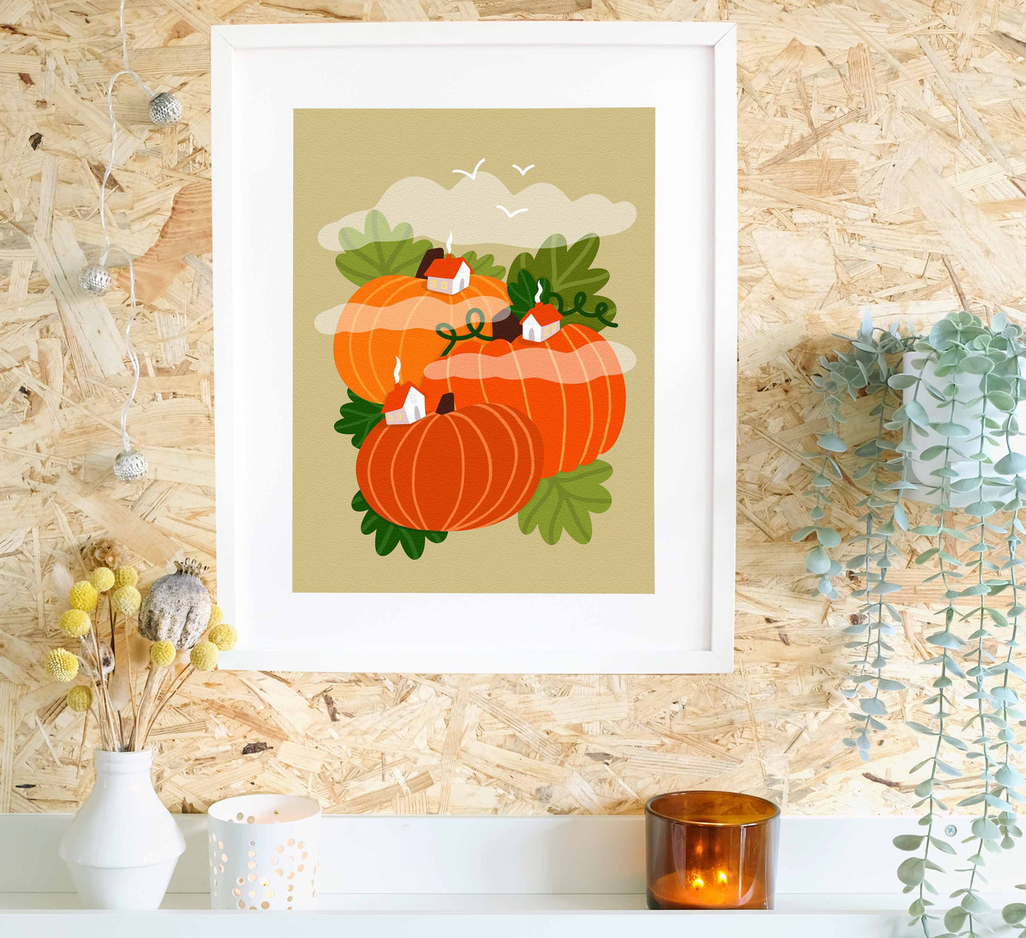 A cosy village nestled in dreamy pumpkin hills! High-quality, independently designed wall-art and prints for your home, perfect for bringing a little nature into any living space! Sustainably made-to-order. Hochwertige, von einer unabhängigen Künstlerin gestaltete Wandkunst und Drucke für dein Zuhause, perfekt, um ein wenig Natur in jeden Wohnraum zu bringen! Nachhaltig auf Bestellung gefertigt.