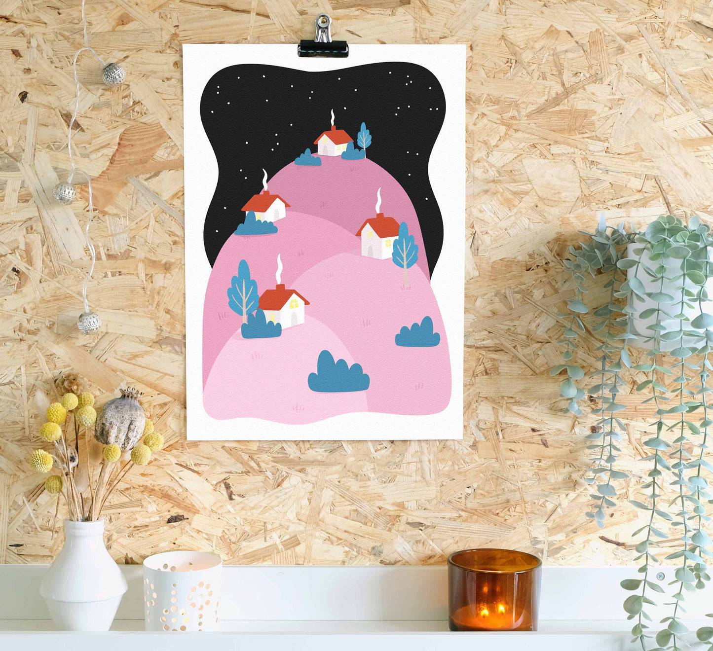Peaceful art print of a sleepy village nestled on pink hills under a starry sky! Friedlicher Kunstdruck eines verschlafenen Dorfes, eingebettet auf rosa Hügeln unter einem Sternenhimmel! High-quality, independently designed wall-art and prints for your home, perfect for bringing a little nature into any living space! Sustainably made-to-order. Sales support European Rewilding projects.