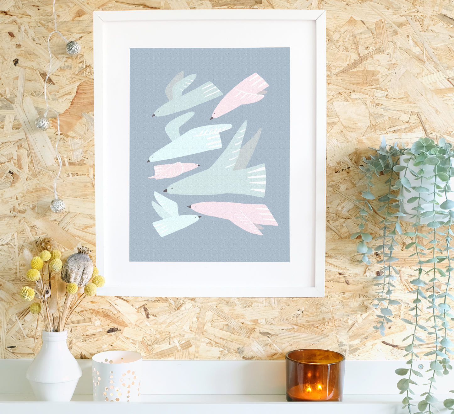 Cute pastel print of swooping pink and blue birds. Sustainably made to order.