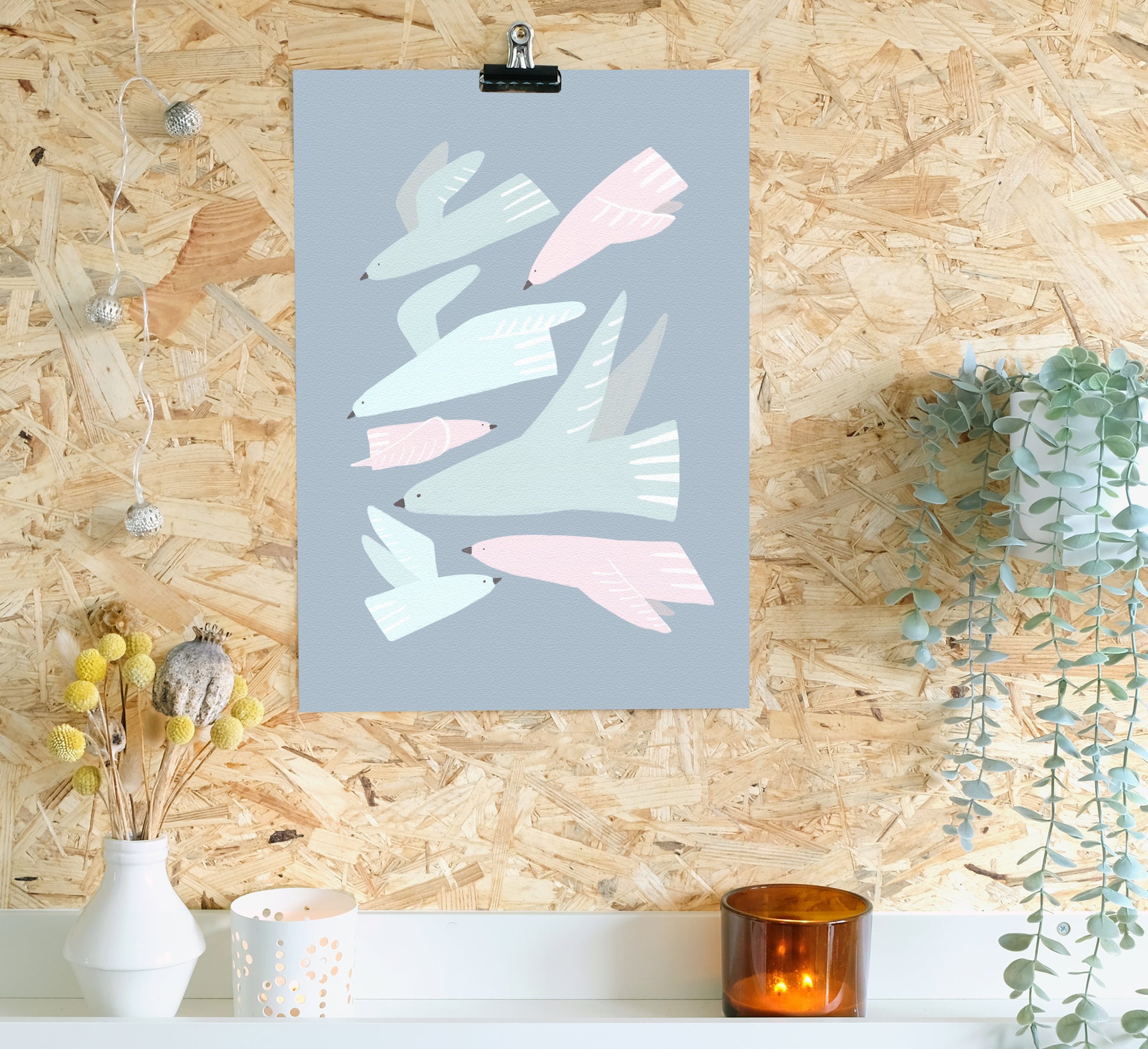 Cute pastel print of swooping pink and blue birds. Sustainably made to order.