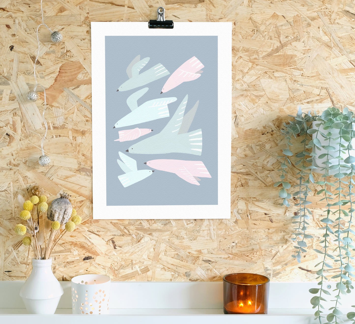 Cute pastel print of swooping pink and blue birds. Sustainably made to order.