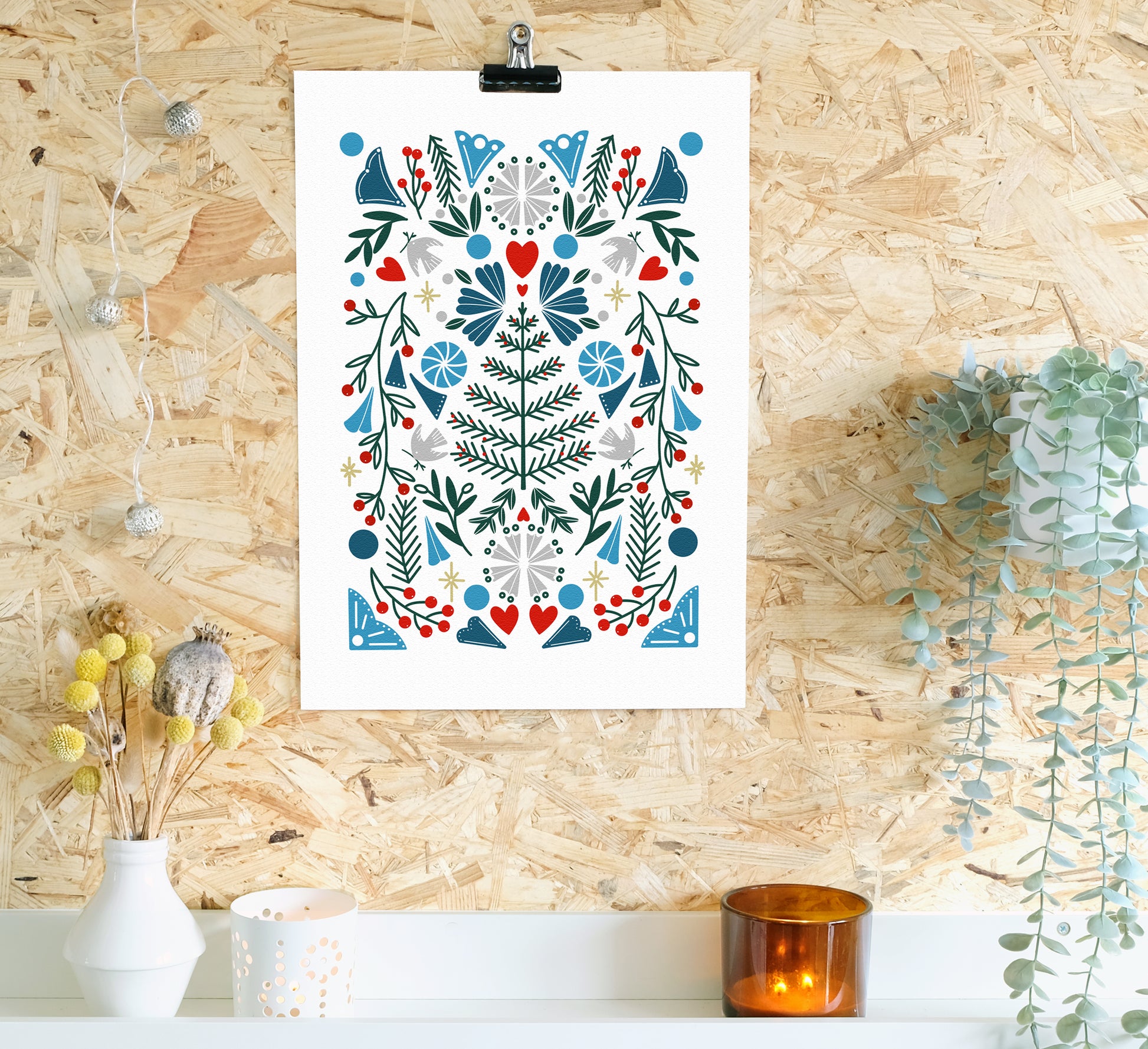 Kräftiger und schöner Druck, inspiriert von skandinavischer Volkskunst. Bold and beautiful art print inspired by Scandinavian folk art.