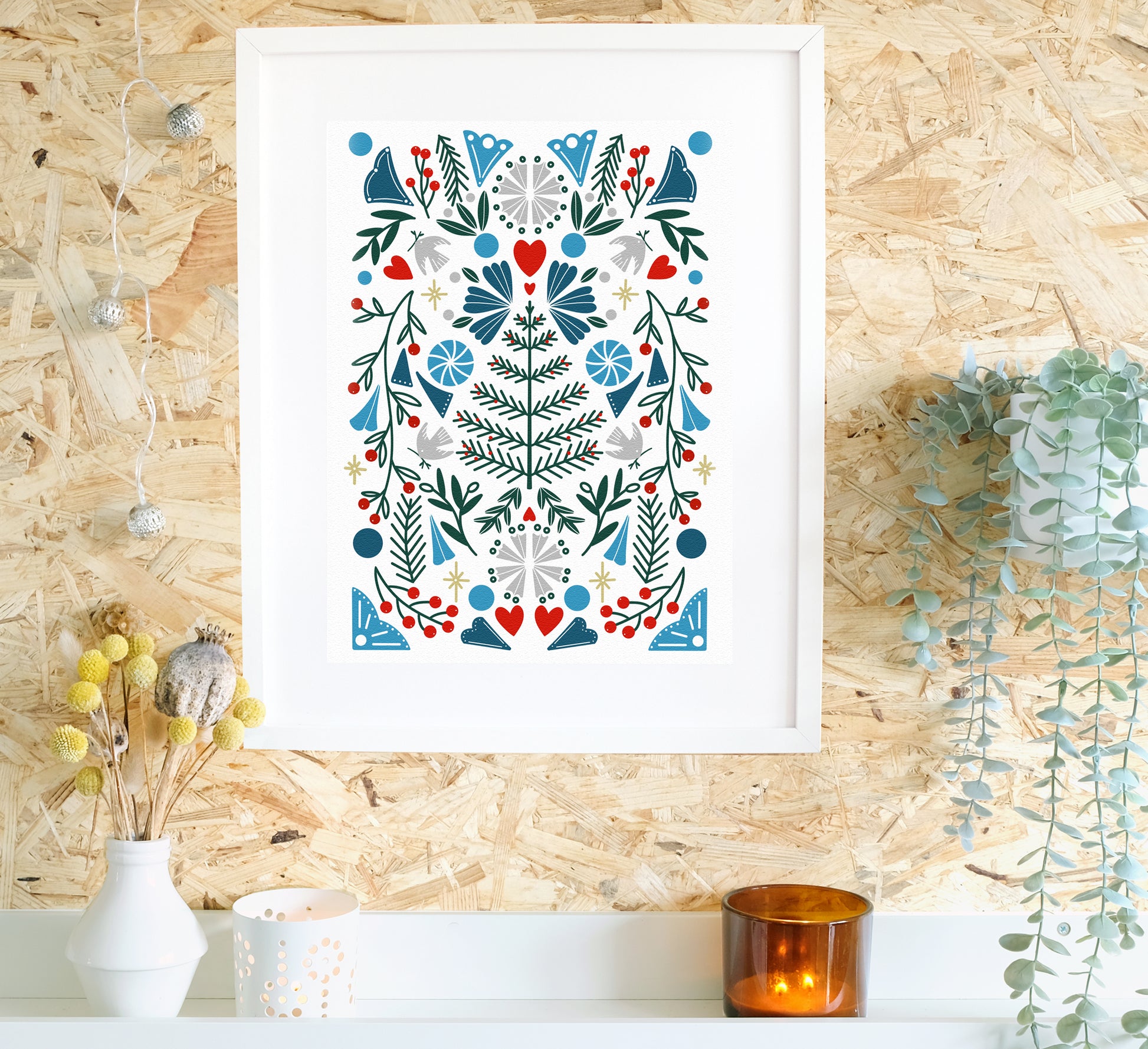 Kräftiger und schöner Druck, inspiriert von skandinavischer Volkskunst. Bold and beautiful art print inspired by Scandinavian folk art.