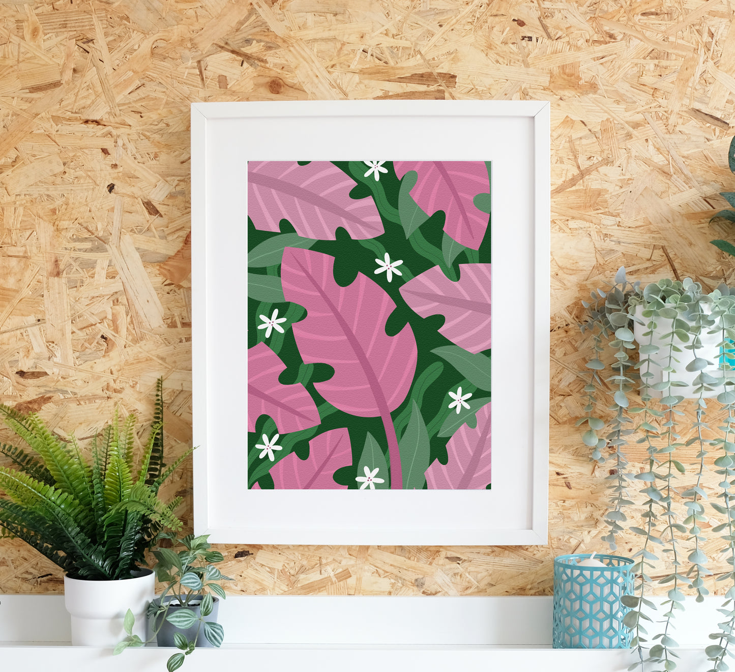 Bunter Druck aus üppigen rosa Dschungelblättern. Colourful art print of lush pink jungle leaves.