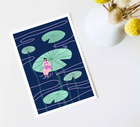 Illustration of a person sitting on a lily pad with a blue background