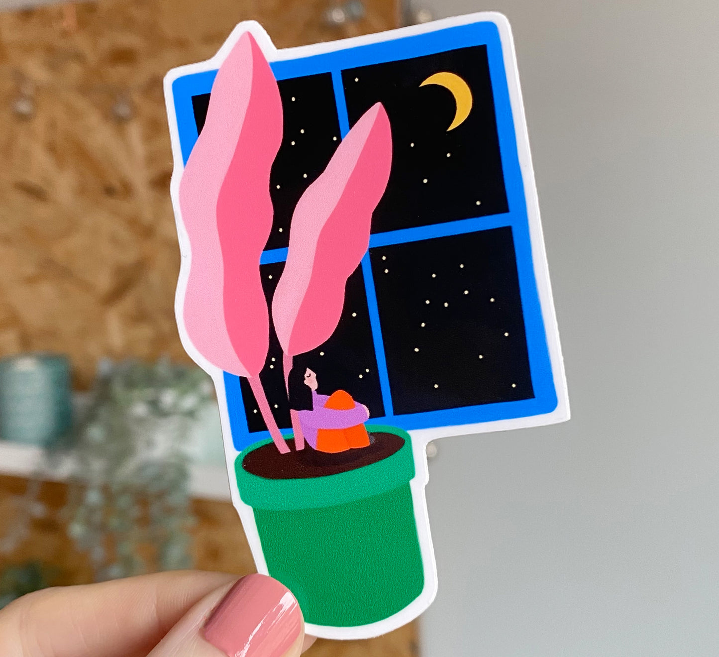 Ein gemütlicher Aufkleber für Pflanzenliebhaber, die gerne die Sterne betrachten! Perfekt zum Dekorieren von Laptops oder Notebooks. Wasser- und UV-beständig. A cosy 'moon gazing' sticker for plant lovers! Perfect for decorating laptops or notebooks. Water and UV- resistant. Sales support European Rewilding and nature conservation projects!