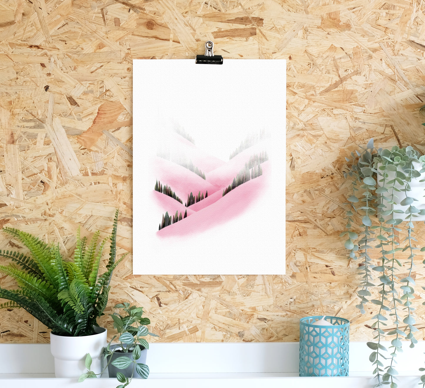 Wunderschöner Druck einer verträumten Landschaft mit sanften, rosa Berghängen. Beautiful art print of a dreamy landscape with soft, pink mountain slopes.