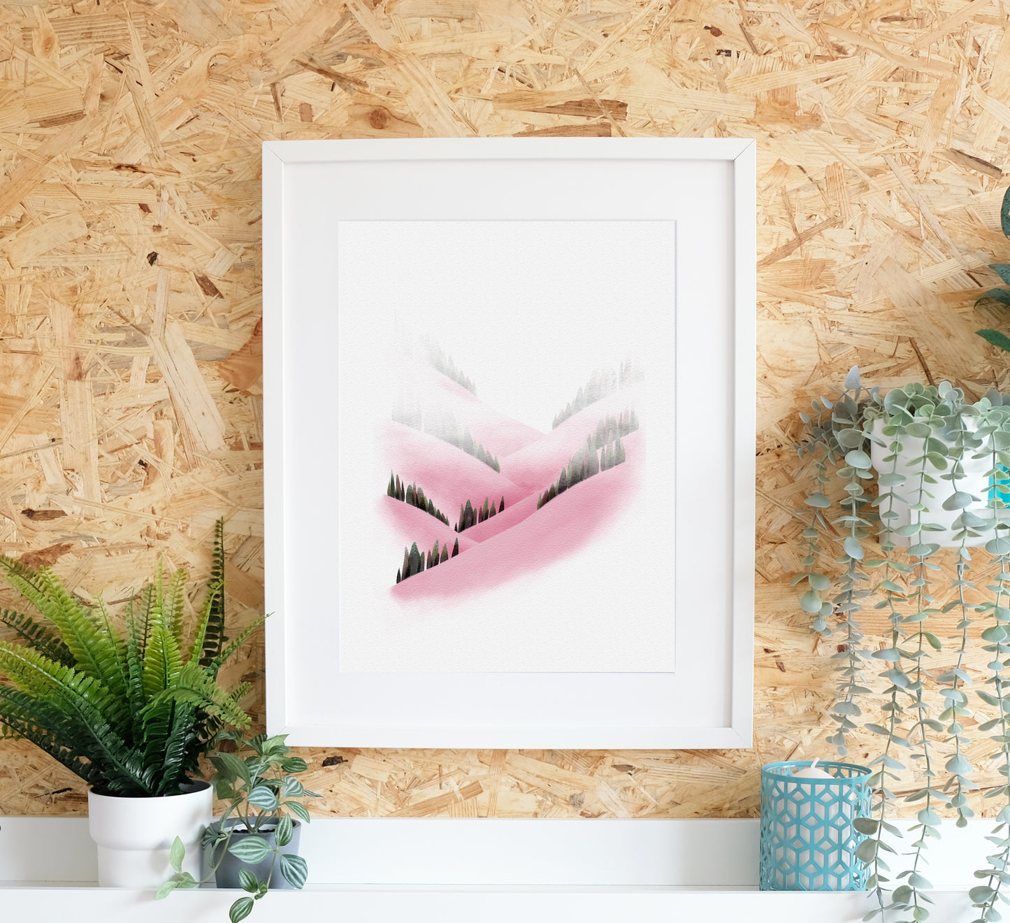 Wunderschöner Druck einer verträumten Landschaft mit sanften, rosa Berghängen. Beautiful art print of a dreamy landscape with soft, pink mountain slopes.