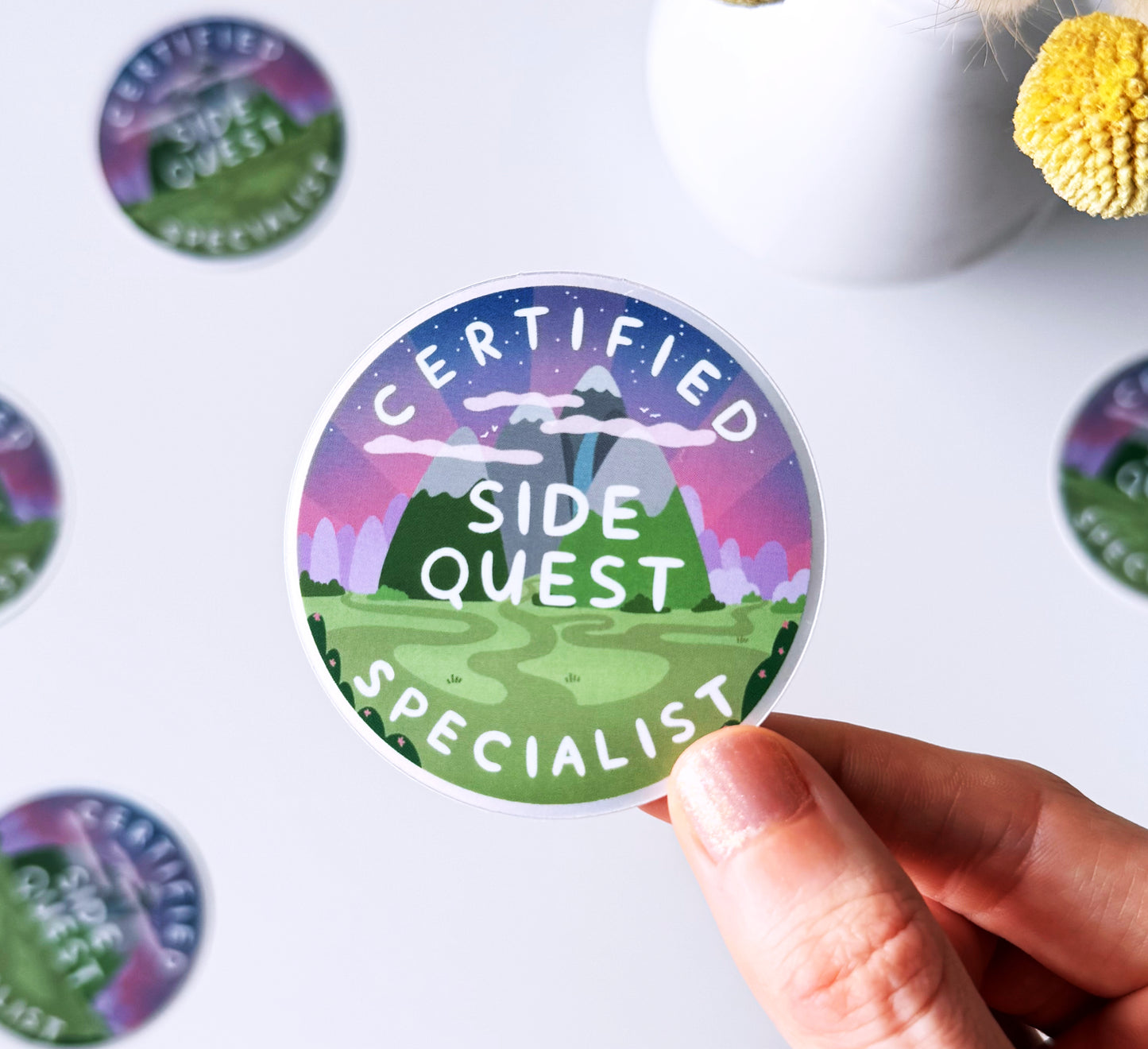 Matte and mirrored vinyl sticker - certified side quest specialist. ADHD, neurodivergence, self-love, self-acceptance, gifts for neurodivergence, gaming, distracted, healing journey.