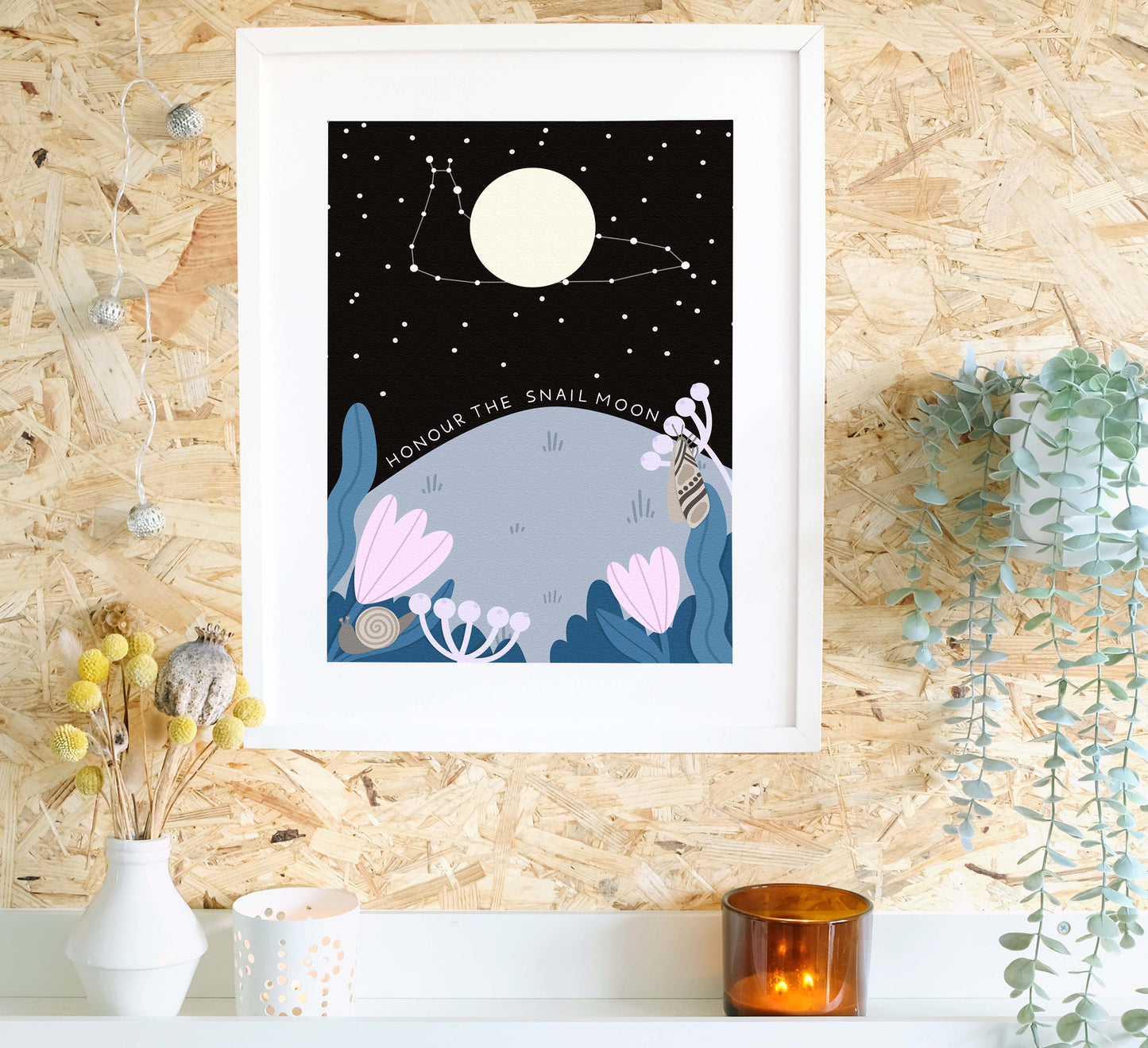 Remind yourself to honour the snail moon (not actually a real thing, but totally should be) with this magical print! High-quality, independently designed wall-art and prints for your home, perfect for bringing a little nature into any living space! Sustainably made-to-order. 