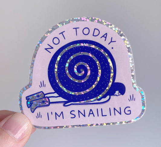 Glittery vinyl 'Snailing' sticker! Perfect for decorating laptops or notebooks. Water and UV- resistant. Glitzernder Vinyl-aufkleber 'Not Now I'm Snailing'! Perfekt zum Dekorieren von Laptops oder Notebooks. Wasser- und UV-beständig. Sales support nature conservation through European Rewilding projects!