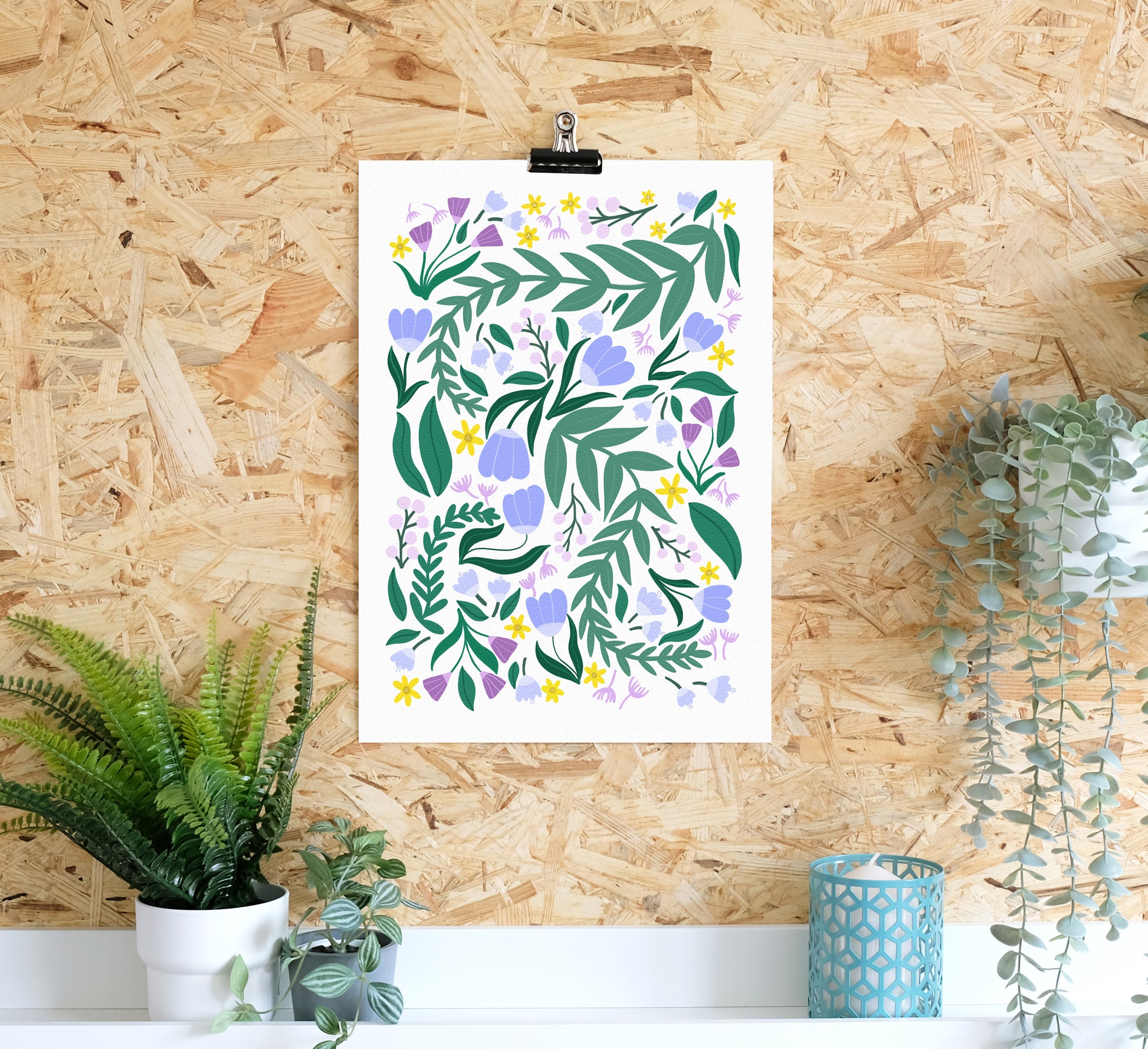 Wunderschöner Druck mit kräftigen und leuchtenden Frühlingsblumen. Beautiful art print of bold and bright spring flowers.