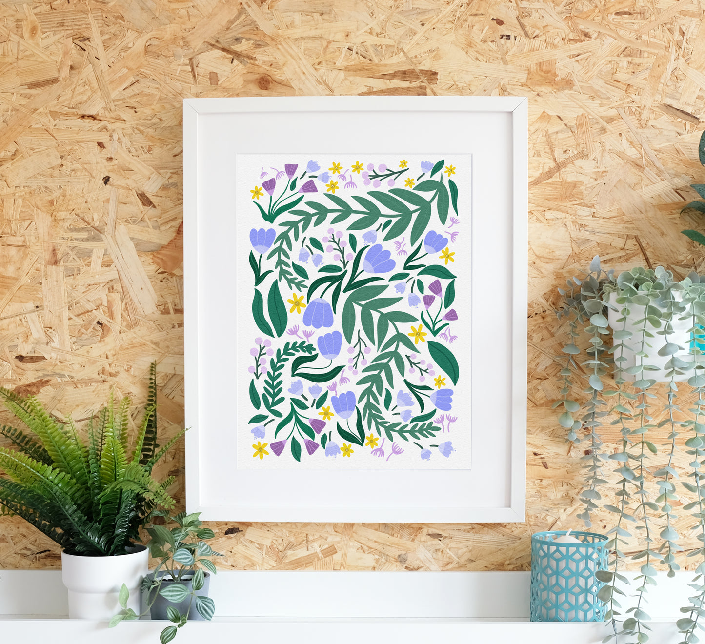 Wunderschöner Druck mit kräftigen und leuchtenden Frühlingsblumen. Beautiful art print of bold and bright spring flowers.