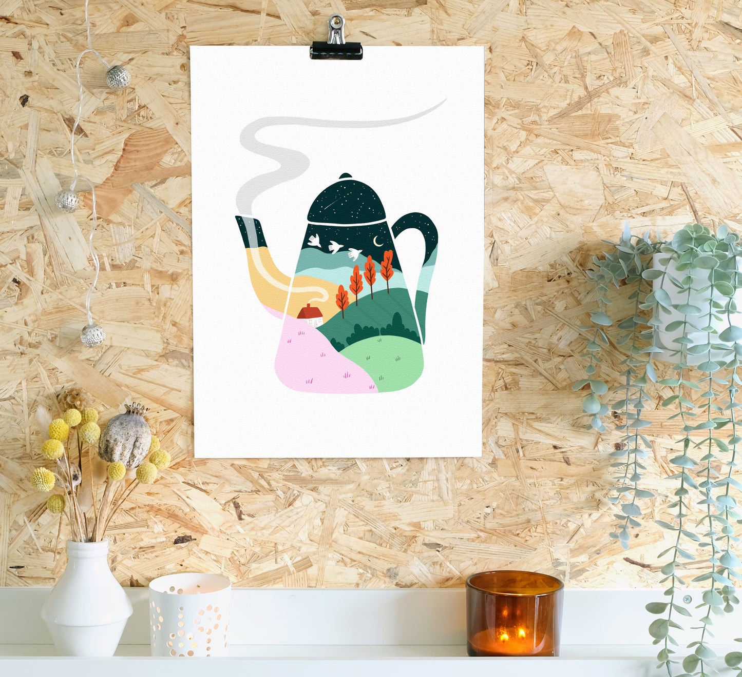 Magical print of a cosy landscape within a gently steaming tea pot! Zauberhafter Druck einer gemütlichen Landschaft in einer sanft dampfenden Teekanne!